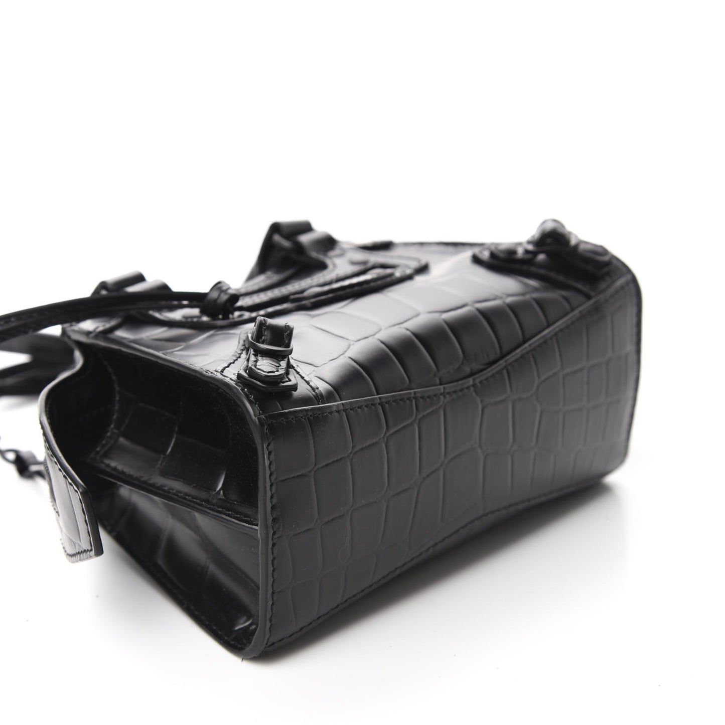 Semi Shiny Calfskin Crocodile Embossed Neo Classic Black Hardware Nano City Crossbody Black