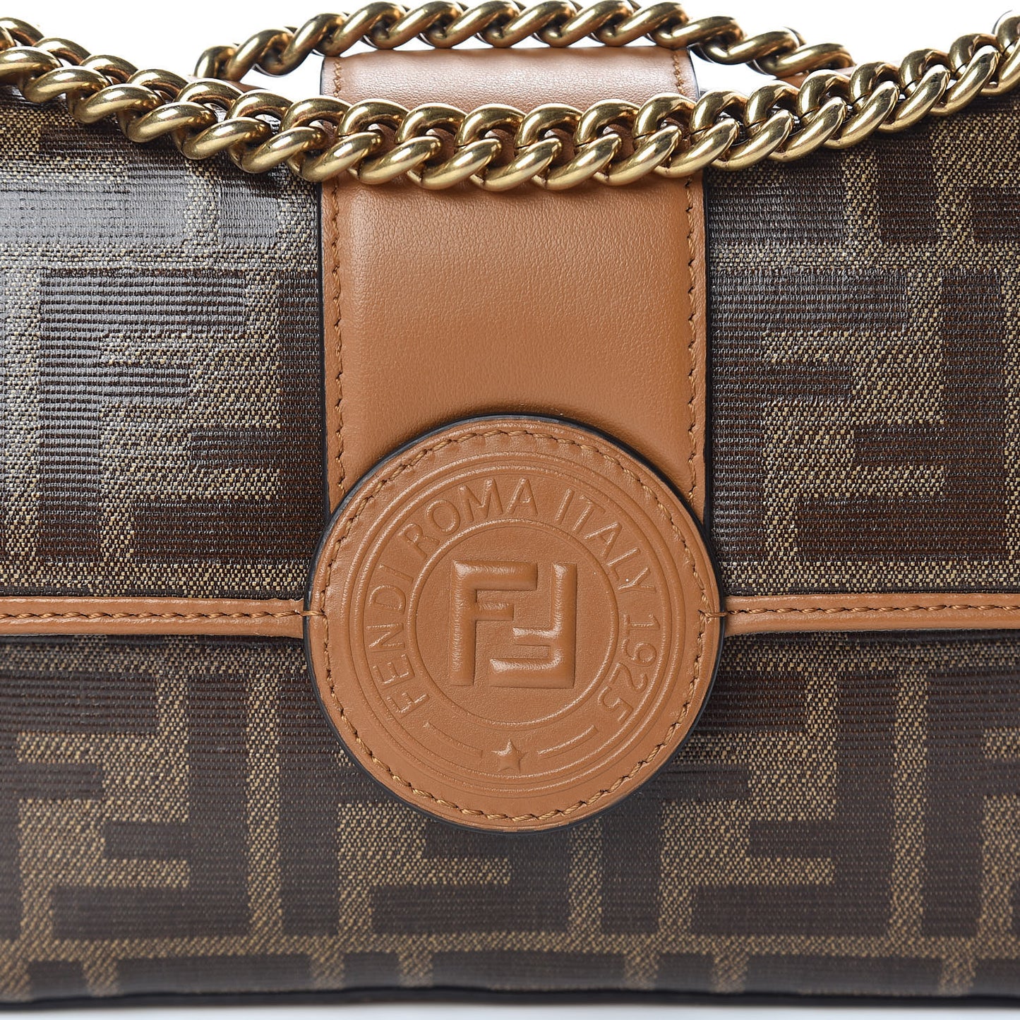 Glazed Fabric Vitello Century FF 1974 Stamp Patch Mini Double F Crossbody Bag Mogano Panna Caramello