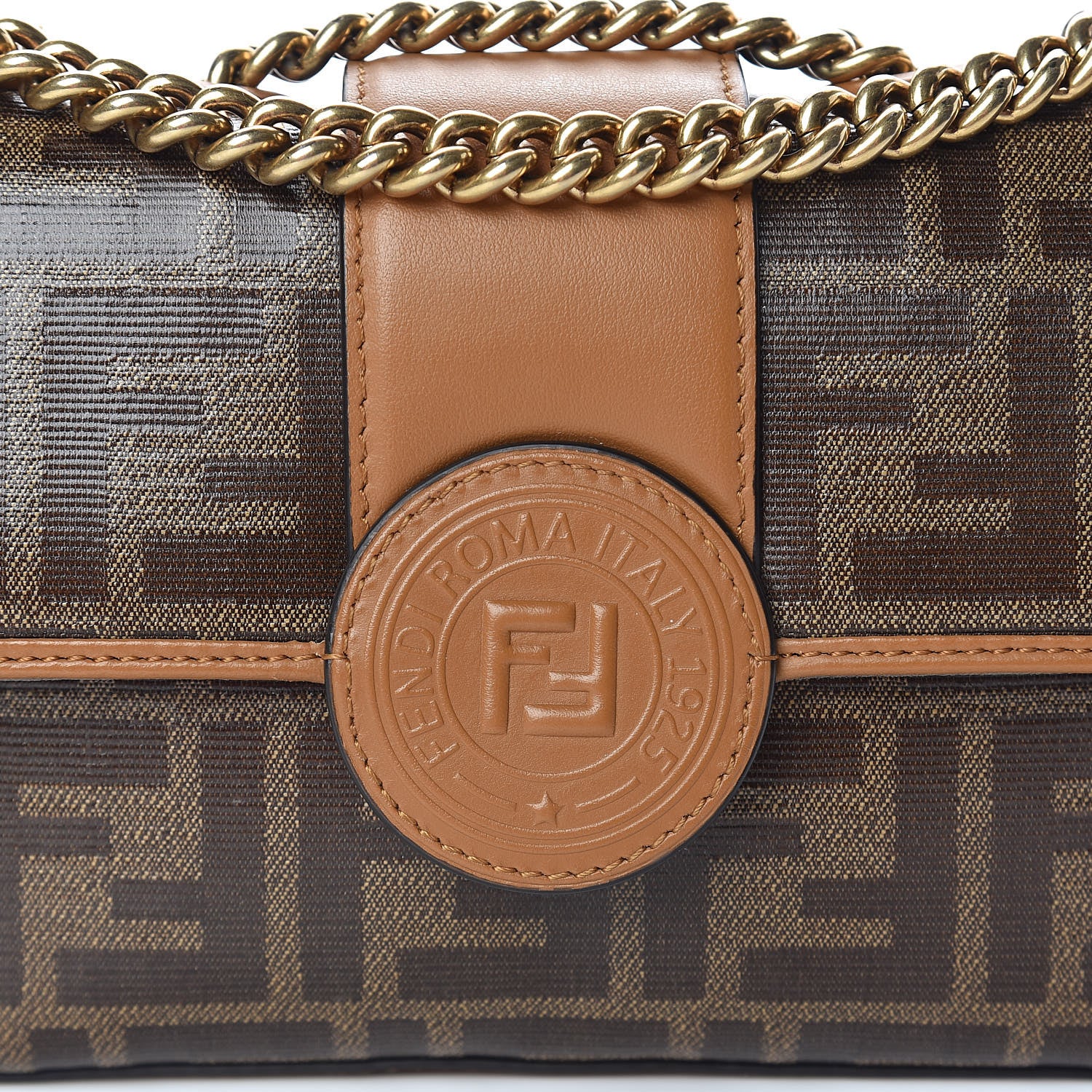 Fendi Glazed Fabric Vitello Century FF 1974 Stamp Patch Mini Double F Crossbody Bag Mogano Panna Caramello 10 of 10