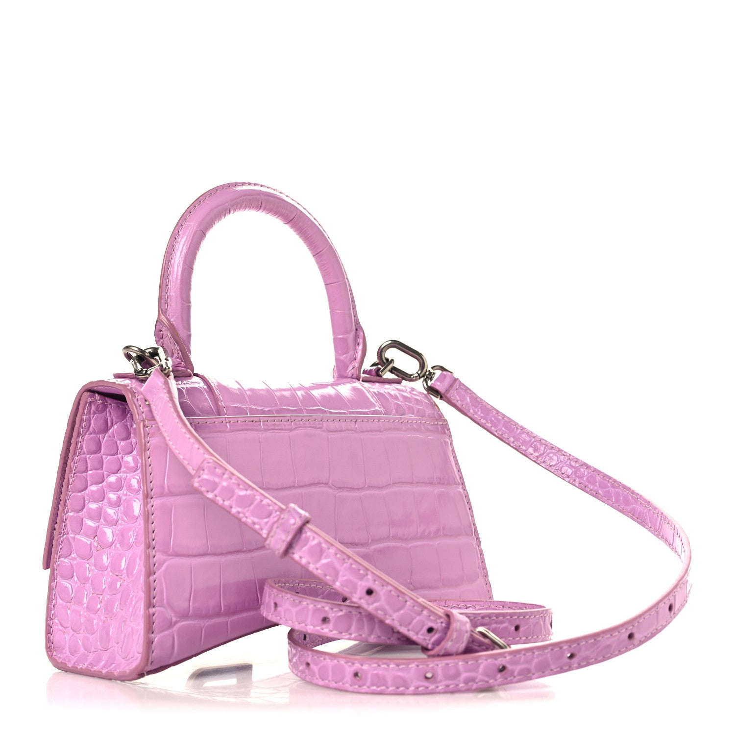 Balenciaga Shiny Calfskin Crocodile Embossed Hourglass Top Handle Bag XS Lilac 3 of 9