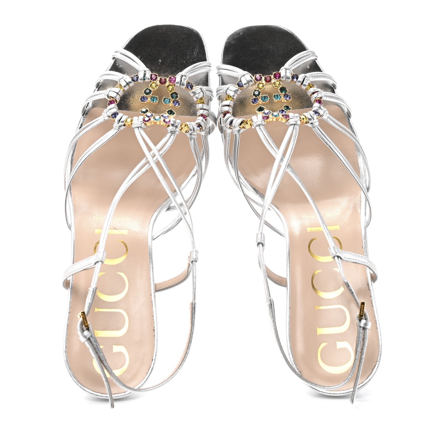 Metallic Nappa Silk Crystal GG Isa Ankle Strap Mid Heel Sandals 39.5 Silver