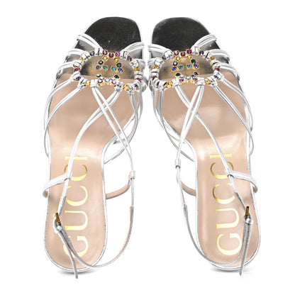Gucci Metallic Nappa Silk Crystal GG Isa Ankle Strap Mid Heel Sandals 39.5 Silver 2 of 10