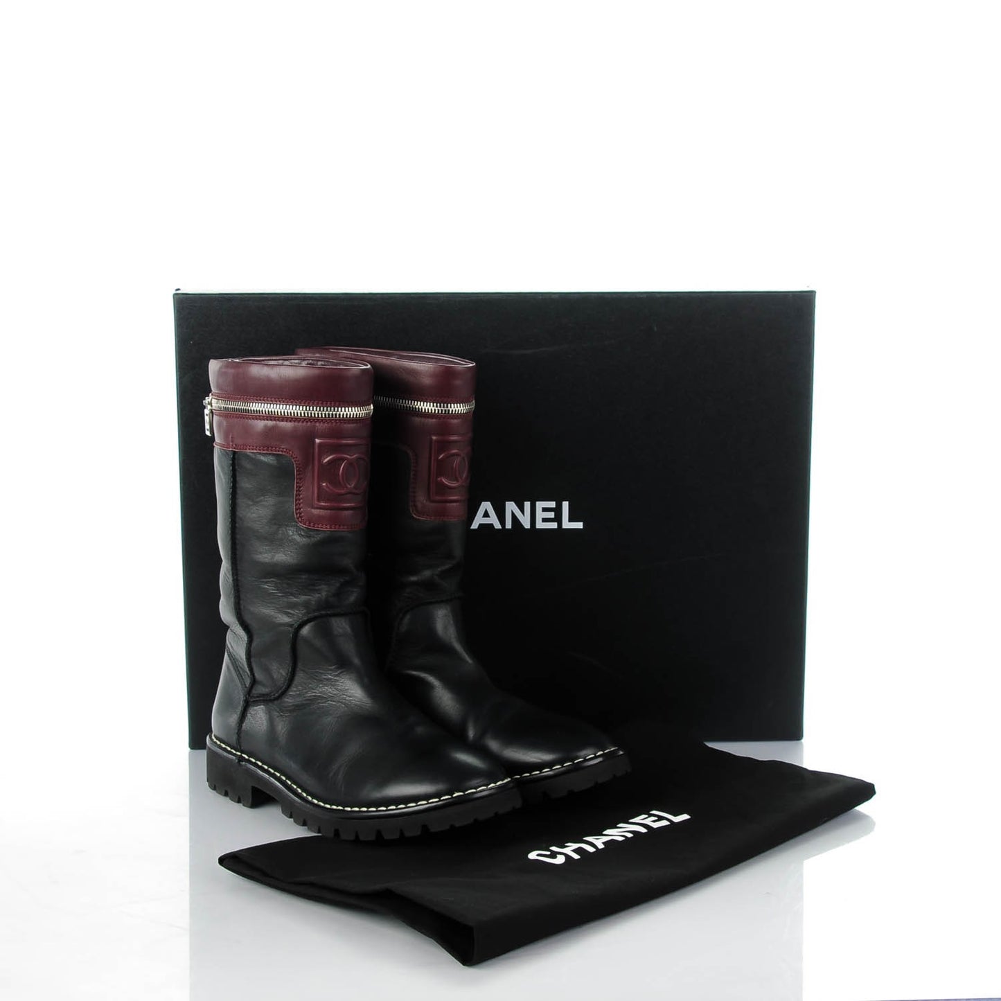 Calfskin Motorcycle Zipper Boots 37.5 Black Burgundy