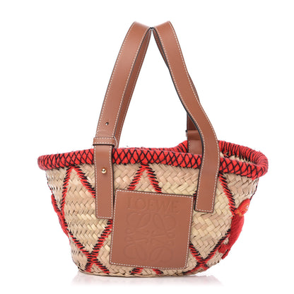 Loewe Embroidered Raffia Basket Tote Bag Natural Tan Red 1 of 11