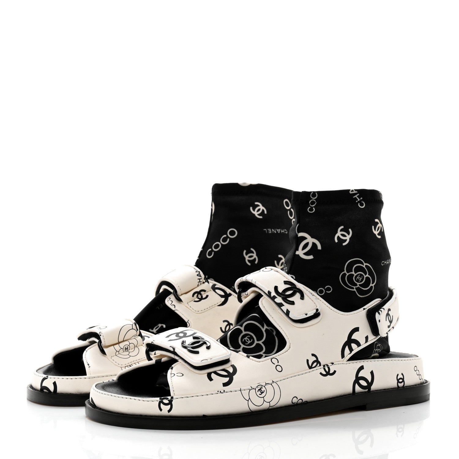 Chanel Lambskin Printed CC Velcro Dad Sandals 38 White Black 3 of 9