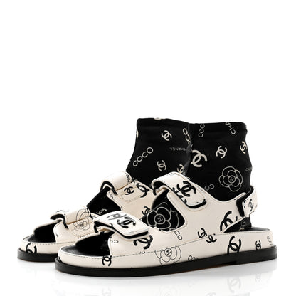 Chanel Lambskin Printed CC Velcro Dad Sandals 38 White Black 3 of 9