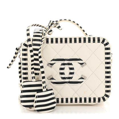 Chanel Caviar Quilted Striped Small CC Filigree Vanity Case White Black 1 of 10