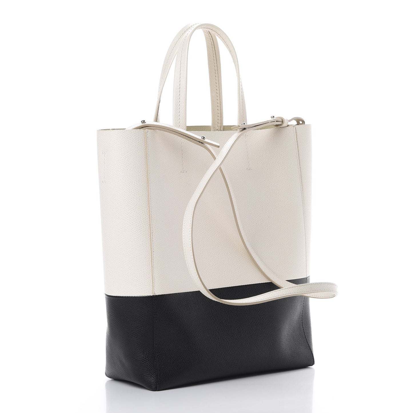 Grained Calfskin Small Vertical Bi-Cabas Cream Black