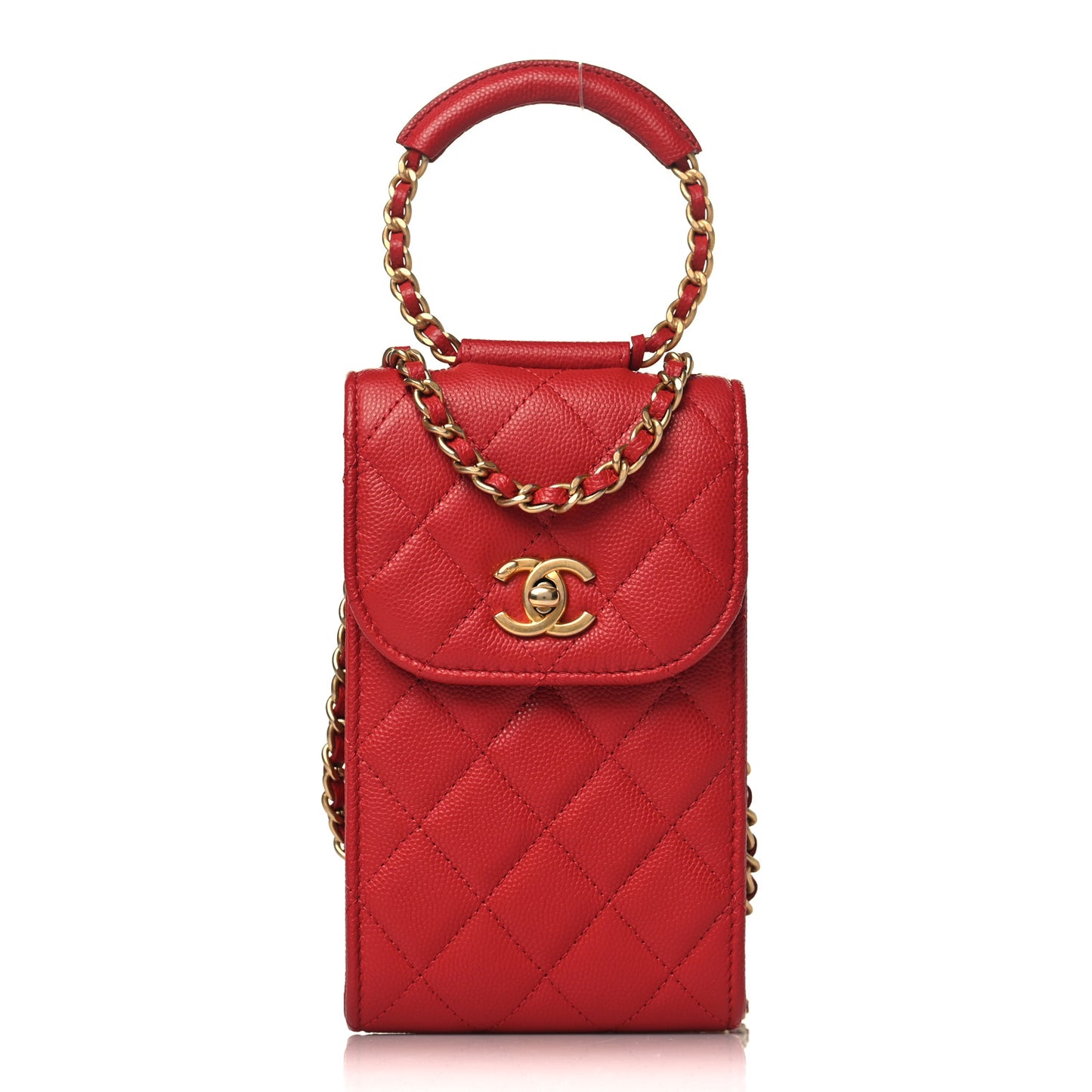 Caviar Quilted Chain Handle Round Phone Holder Red