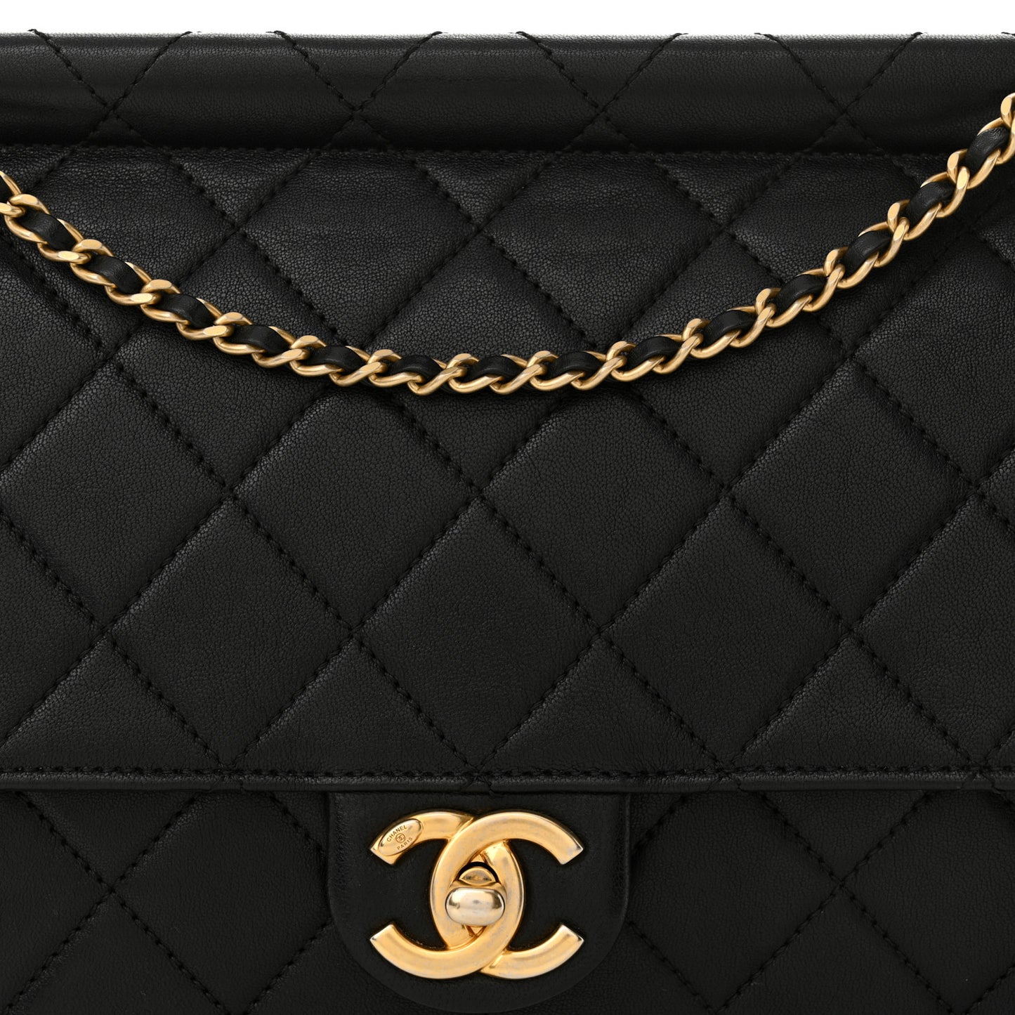 Lambskin Quilted Large Pearl Chain Flap Bag Black
