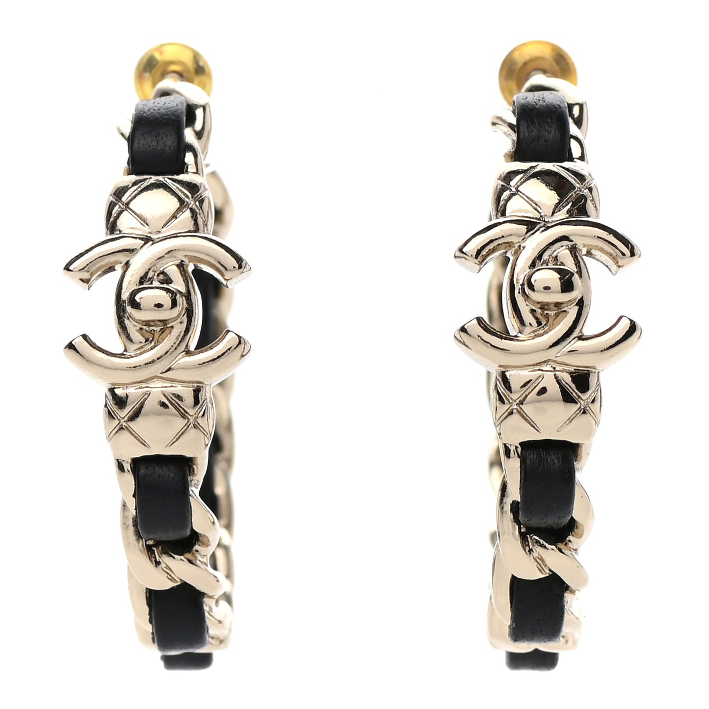 Metal Lambskin Quilted CC Turnlock Chain Hoop Earrings Gold Black