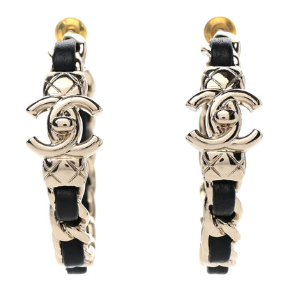 Chanel Metal Lambskin Quilted CC Turnlock Chain Hoop Earrings Gold Black 1 of 4