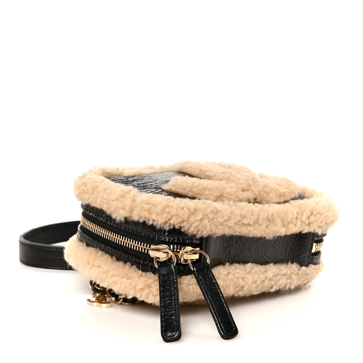 Chanel Shiny Crumpled Sheepskin Shearling Waist Bag Black Beige 3 of 9