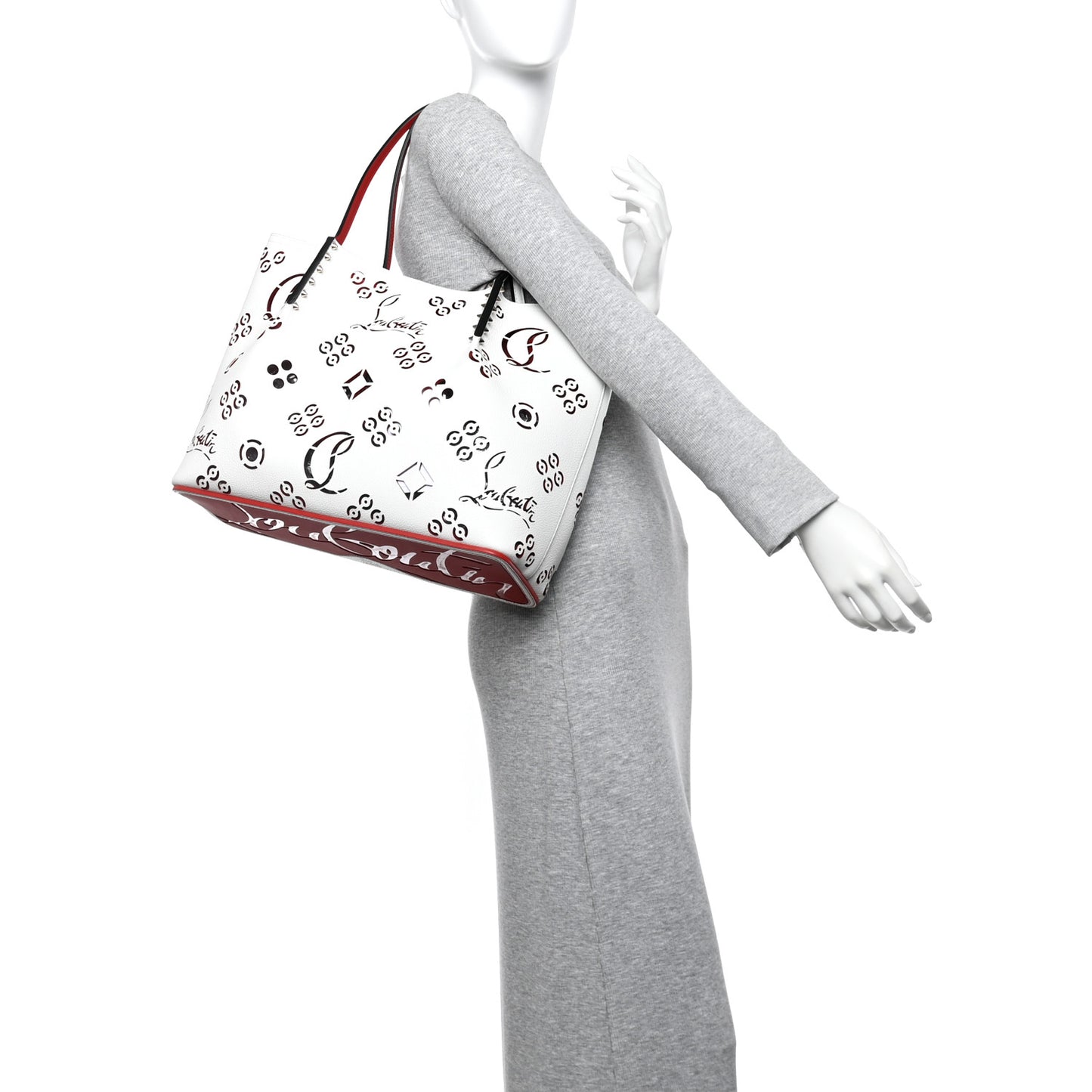 Calfskin Loubinthesky Large Perforated Cabarock Spikes Tote Snow