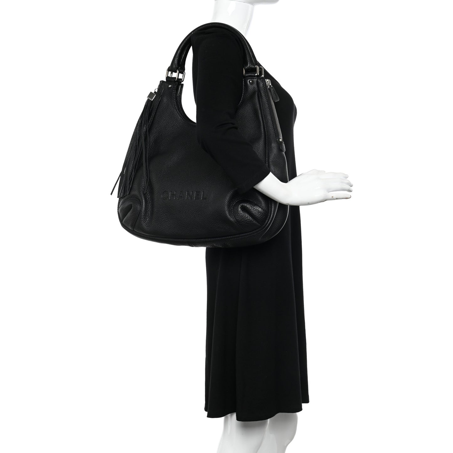 Grained Calfskin Tassel Hobo Black