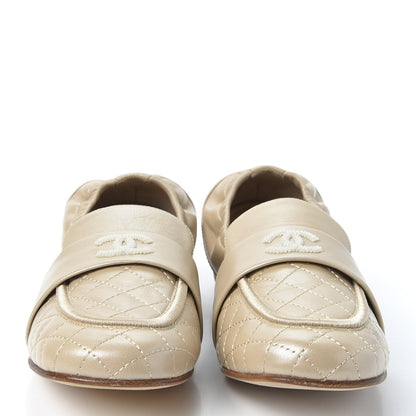 Chanel Laminated Lambskin Womens Quilted Elastic CC Moccasin Loafers 36.5 Beige 3 of 11