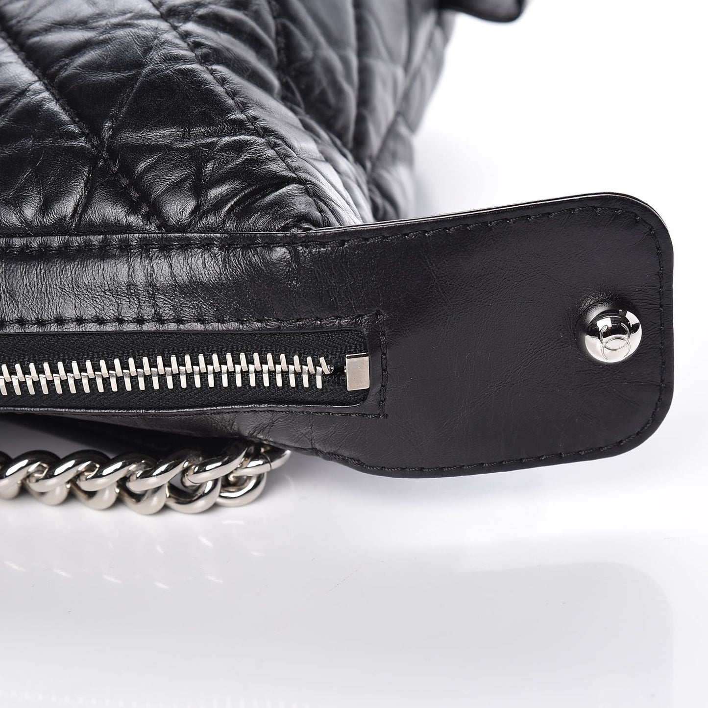Aged Calfskin Chevron Quilted Bowling Bag Black