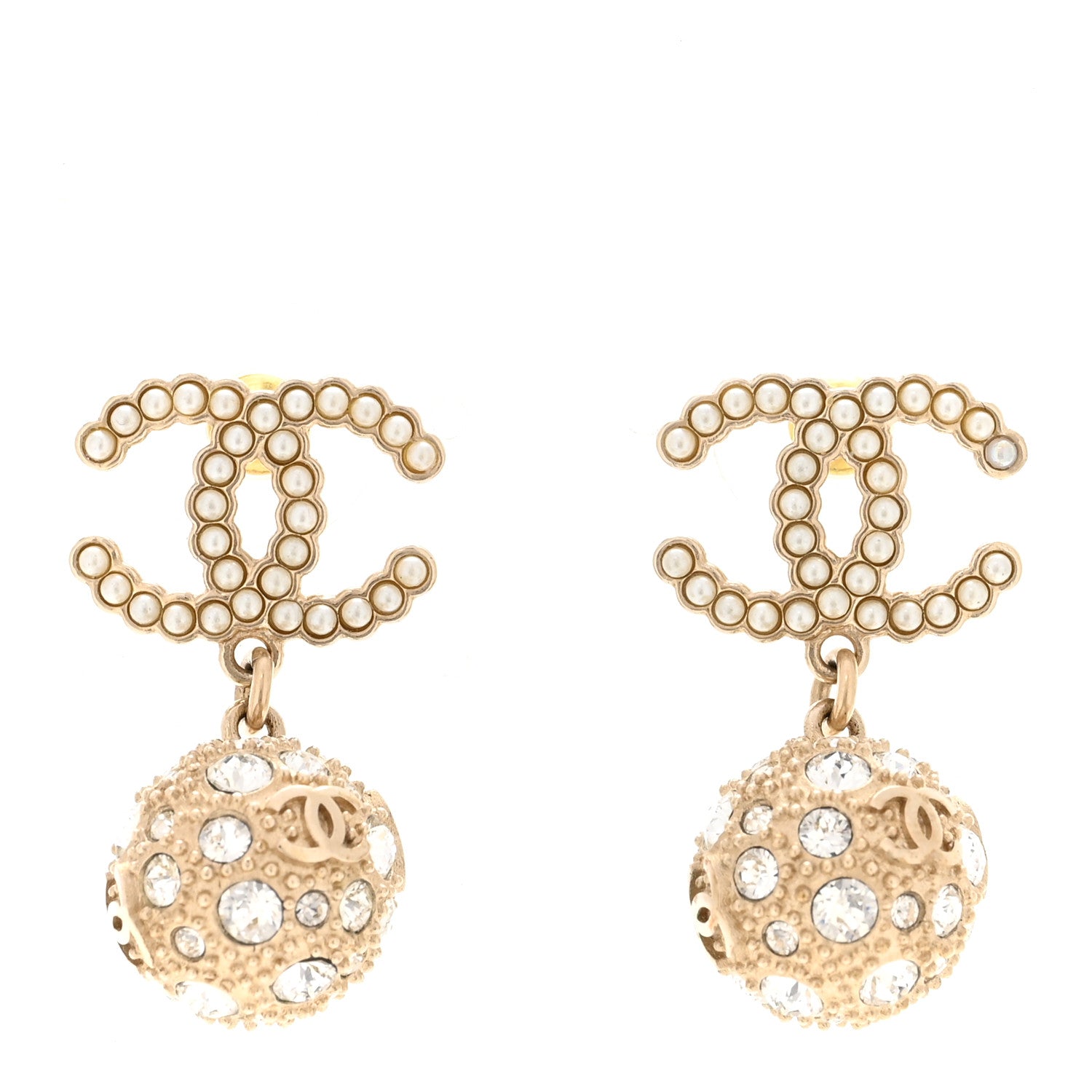 Chanel Crystal Pearl CC Ball Drop Earrings  Gold 1 of 5