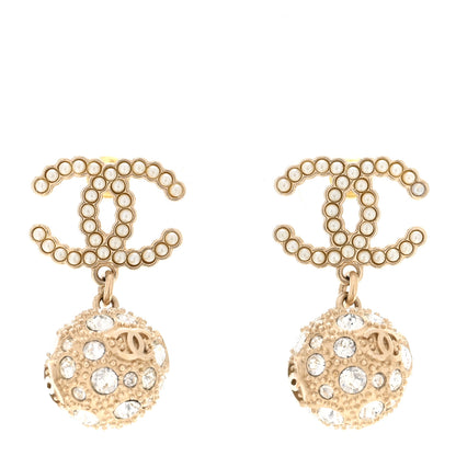 Chanel Crystal Pearl CC Ball Drop Earrings  Gold 1 of 5