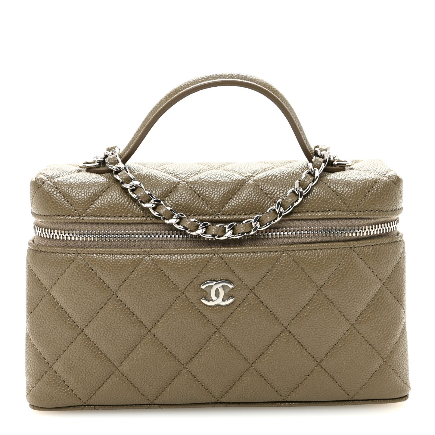 Caviar Quilted Top Handle Slim Vanity With Chain Dark Khaki