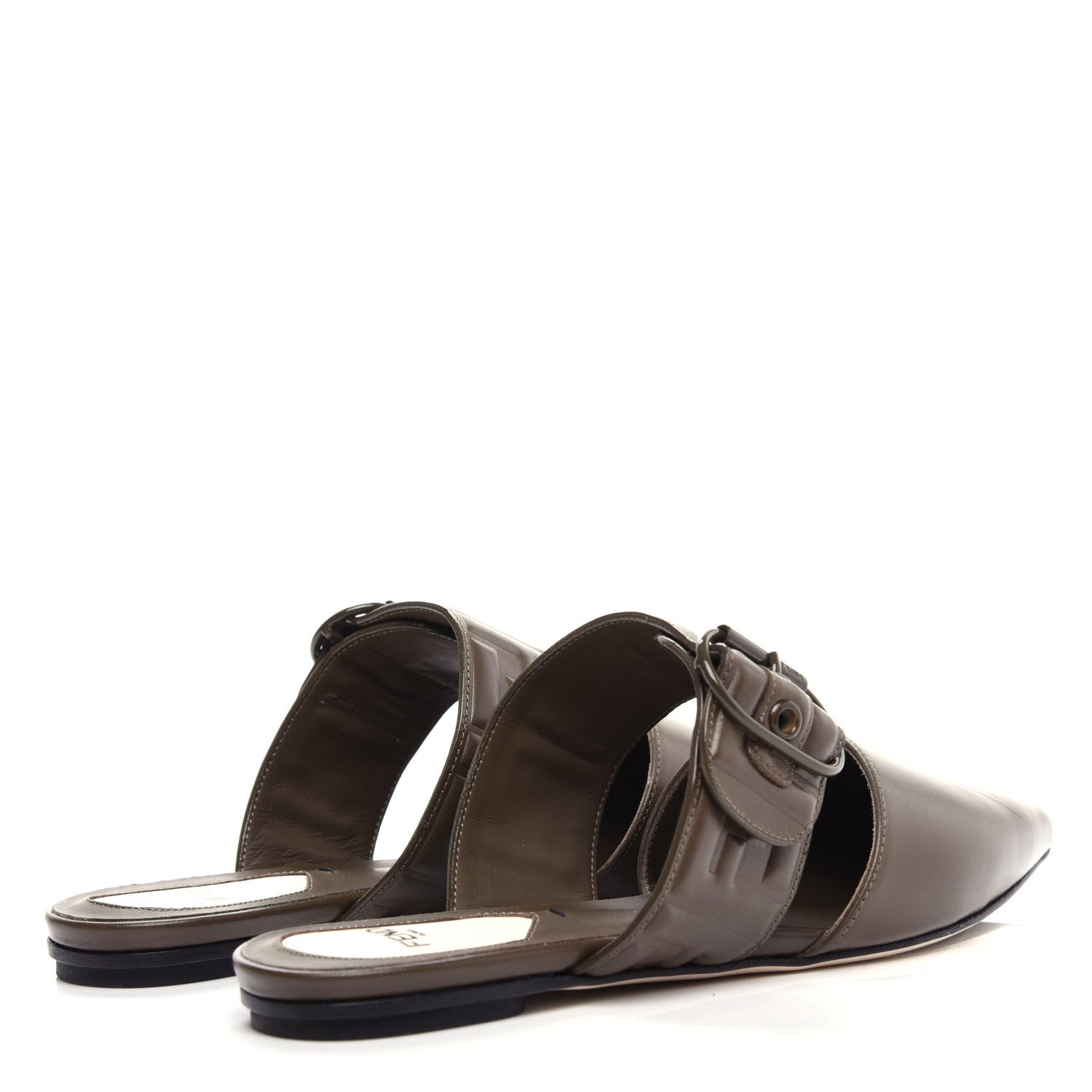 Fendi Vitello FF Embossed Buckle Flat Mules 36 Wood 4 of 11