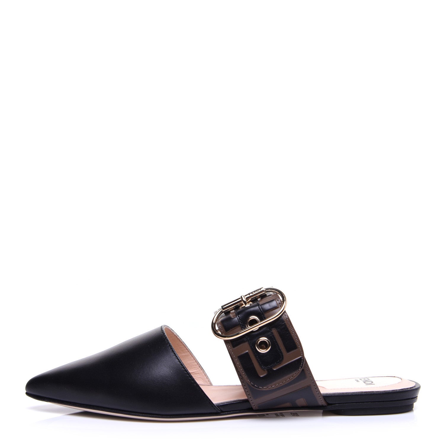 Fendi Vitello FF Embossed Buckle Flat Mules 35.5 Maya Black 1 of 11