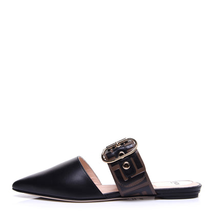 Fendi Vitello FF Embossed Buckle Flat Mules 35.5 Maya Black 1 of 11