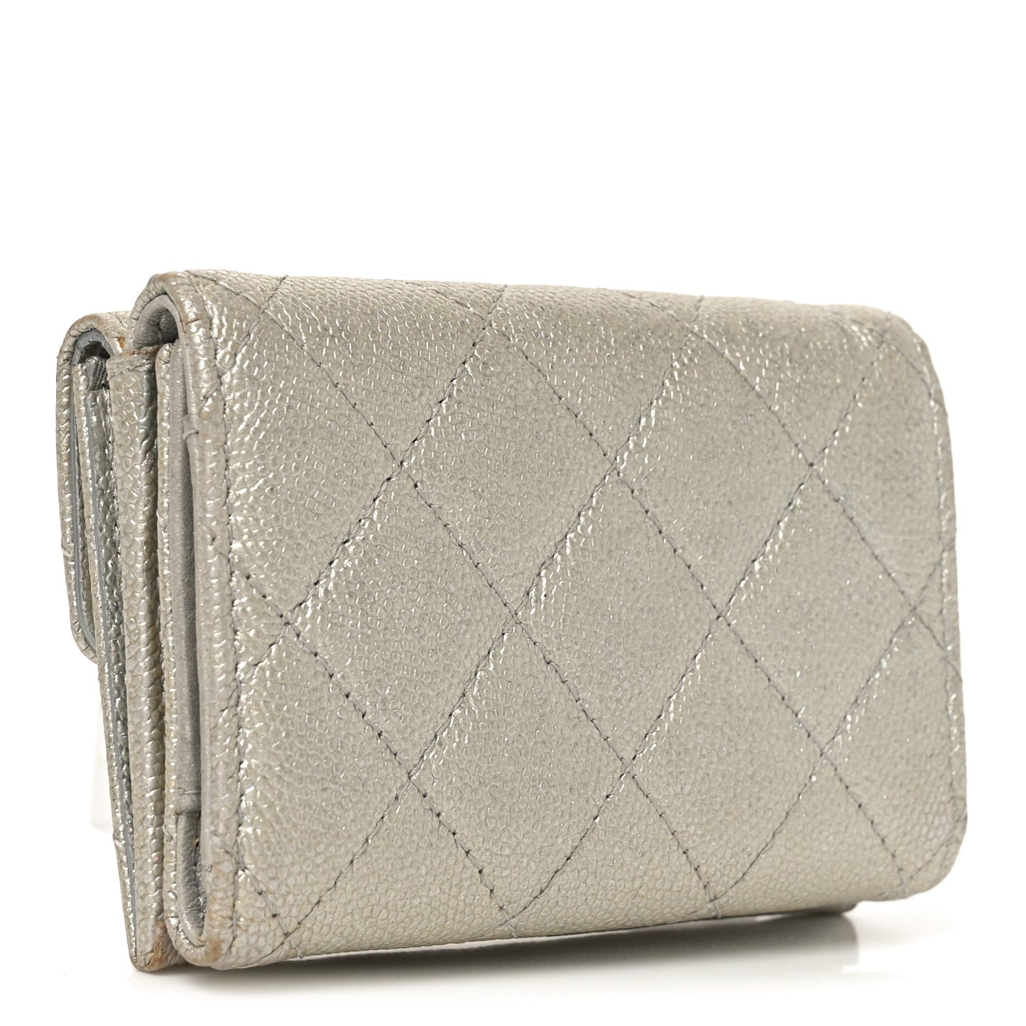 Metallic Caviar Quilted Double Flap Wallet Silver