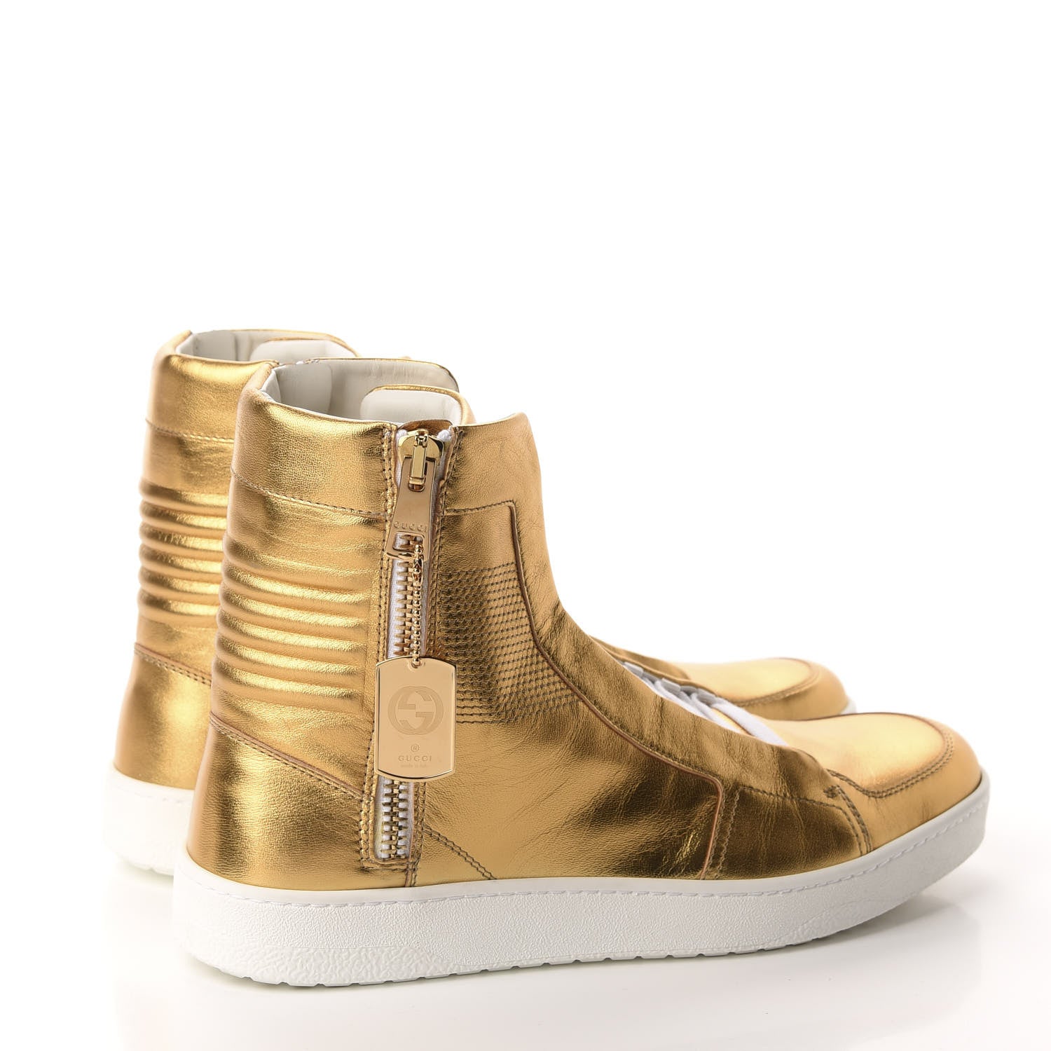 Gucci Metallic Nappa Silk Mens Dog Tag High Top Sneakers 10 Oro 4 of 11