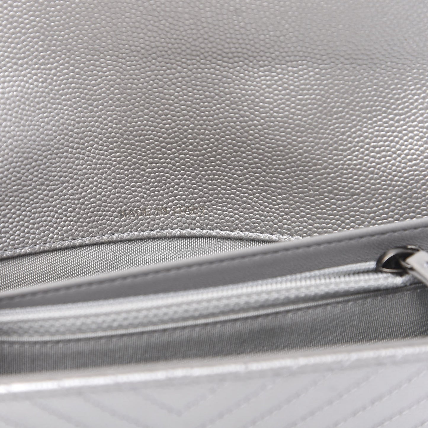 Metallic Caviar Chevron Quilted Boy Wallet On Removable Chain WOC Silver