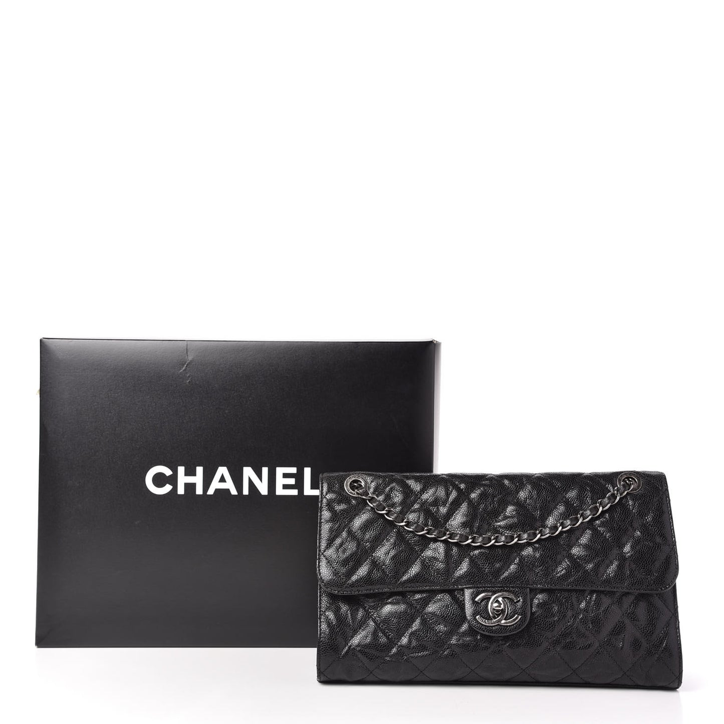 Crumpled Grained Calfskin Jumbo CC Crave Flap Black