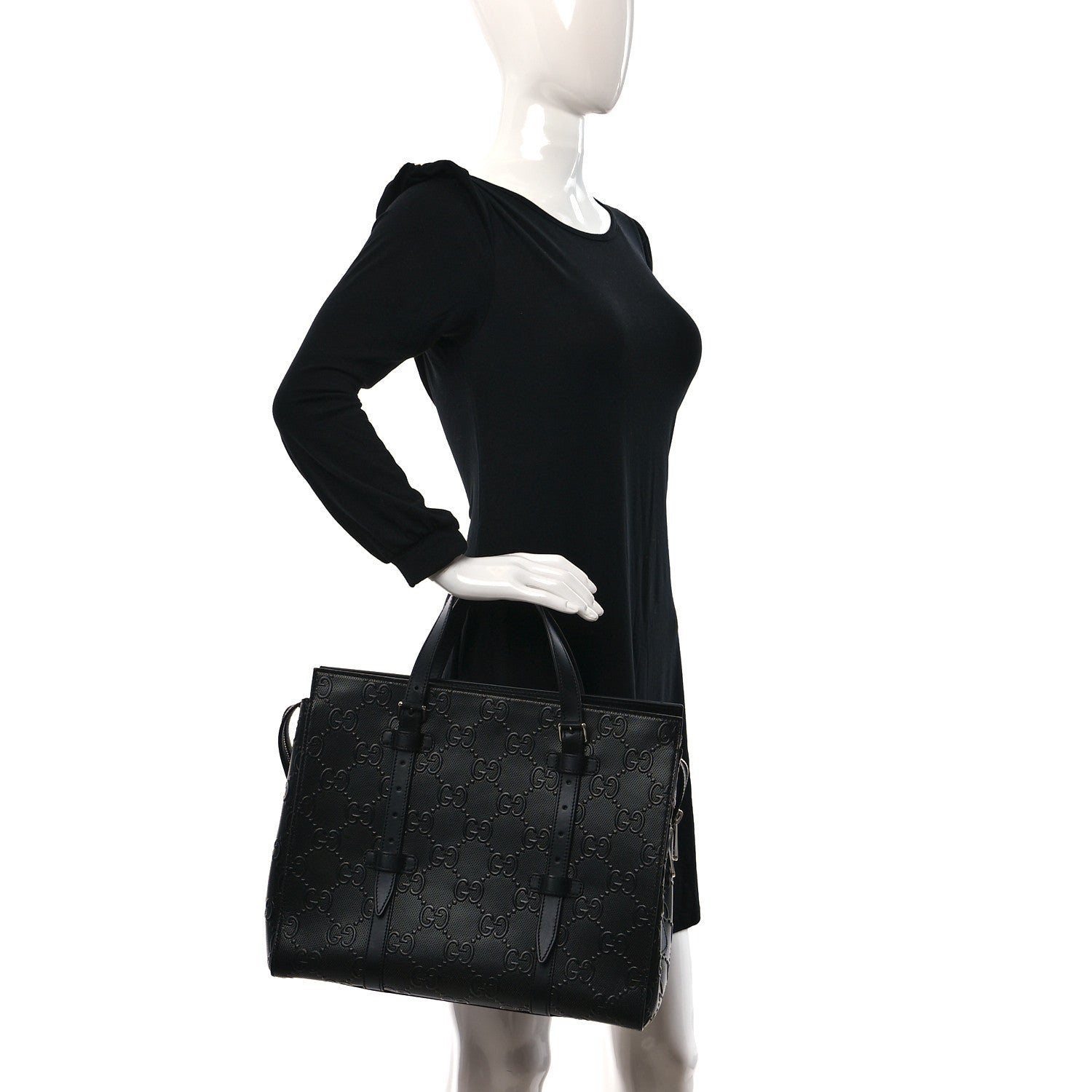 Gucci Calfskin GG Tennis Embossed Tote Bag Black 2 of 9