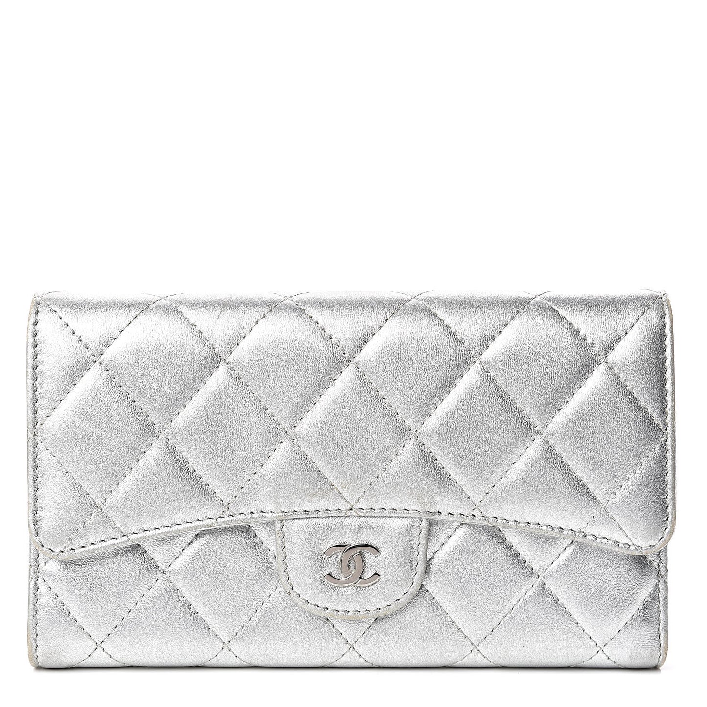 Metallic Lambskin Quilted Long Flap Wallet Silver