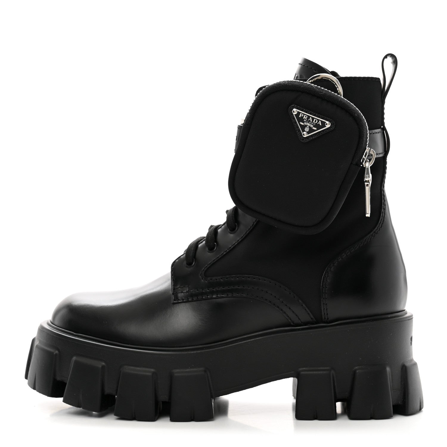 Prada Spazzolato Rois Nylon Metal Triangle Logo Monolith Pouch Pocket 55mm Boots 36 Black 1 of 10