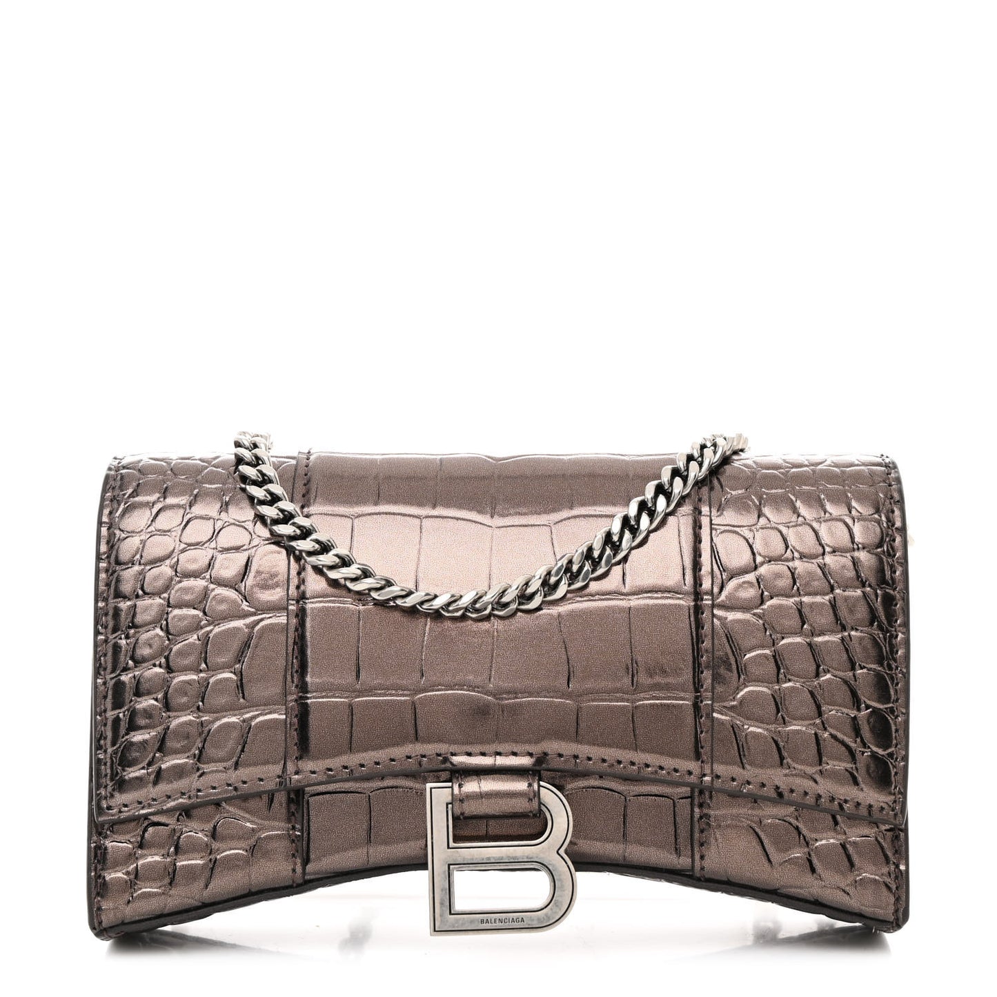 Shiny Metallic Calfskin Crocodile Embossed Hourglass Chain Bag Dark Bronze