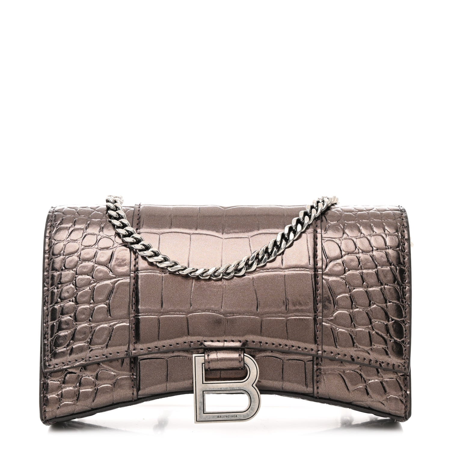 Balenciaga Shiny Metallic Calfskin Crocodile Embossed Hourglass Chain Bag Dark Bronze 1 of 11
