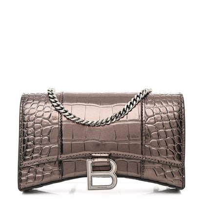 Balenciaga Shiny Metallic Calfskin Crocodile Embossed Hourglass Chain Bag Dark Bronze 1 of 11