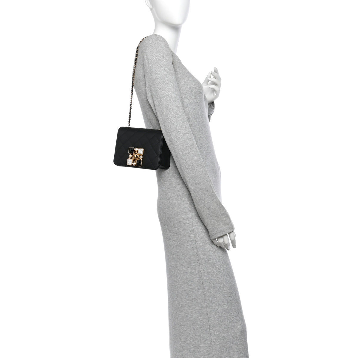 Calfskin Quilted Crystal Pearl Small Flap Bag Black