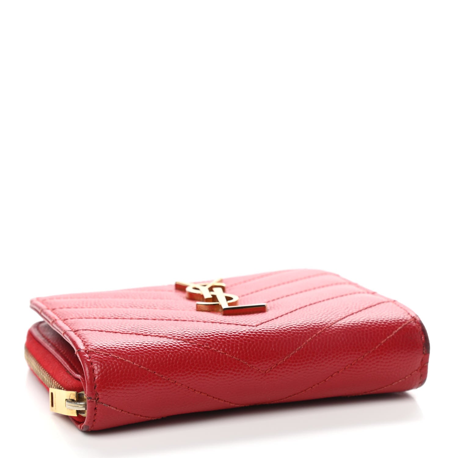 Saint Laurent Grain De Poudre Matelasse Chevron Monogram Compact Zip Around Wallet Red 4 of 14
