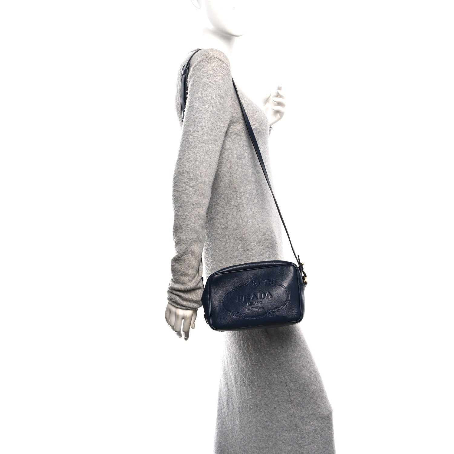 Prada Glace Calfskin Embossed Logo Camera Bag Navy Blue 2 of 12