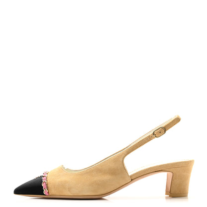 Chanel Suede Grosgrain Cap Toe CC Chain Slingback Pumps 39.5 Beige Black Pink 1 of 8