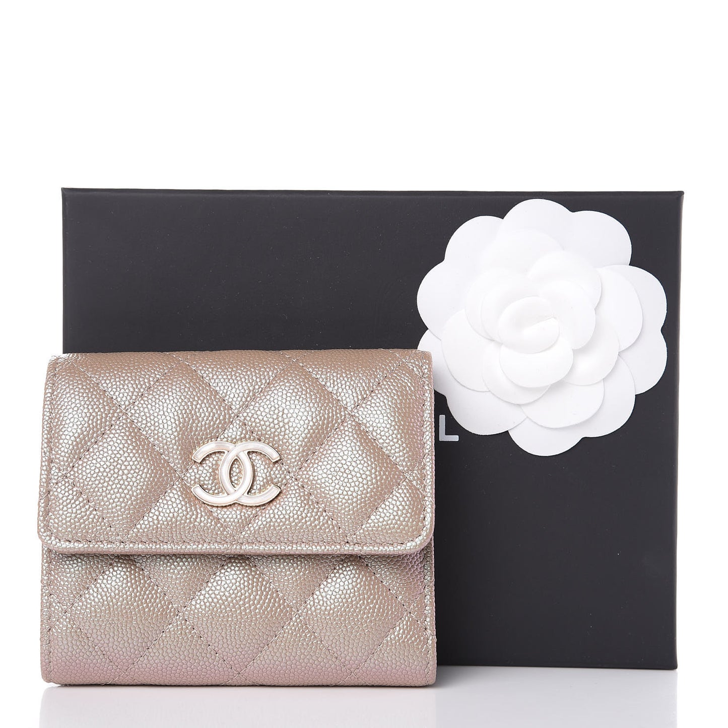 Iridescent Caviar Quilted Small Flap Wallet Beige
