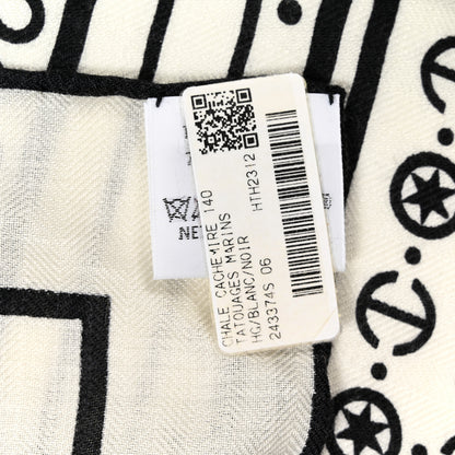 Hermes Cashmere Silk Tatouages Marins Bandana Shawl 140 White Black 4 of 5