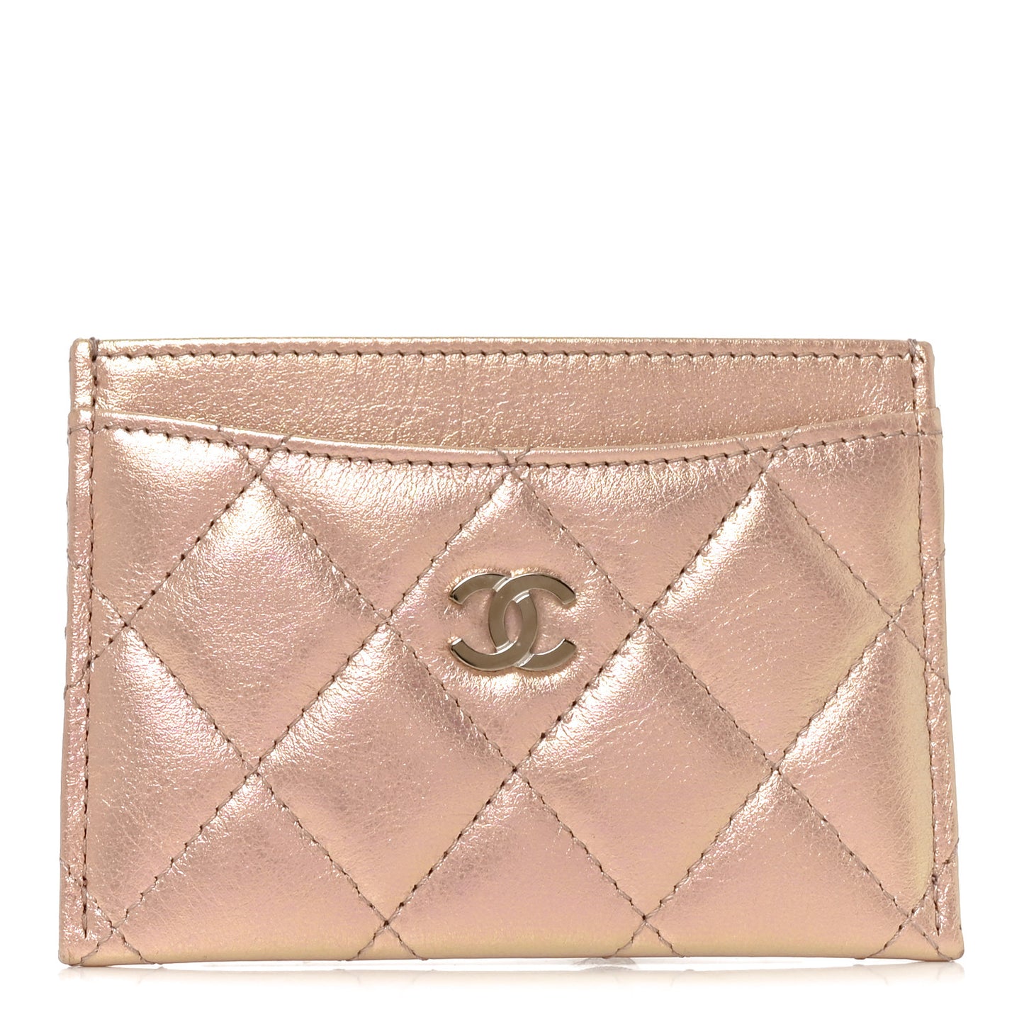 Iridescent Calfskin Quilted Card Holder Pink