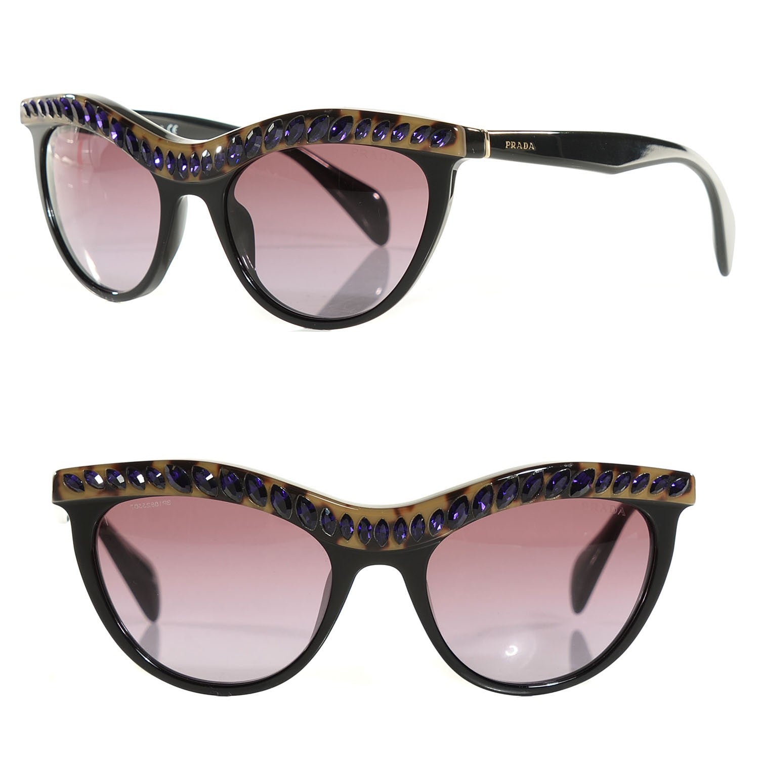 Prada Crystal Cat Eye Sunglasses SPR 04P Black Havana 1 of 6