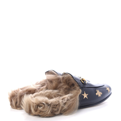 Gucci Goatskin Fur Bee Star Embroidered Womens Princetown Slippers 37.5 Black 4 of 10