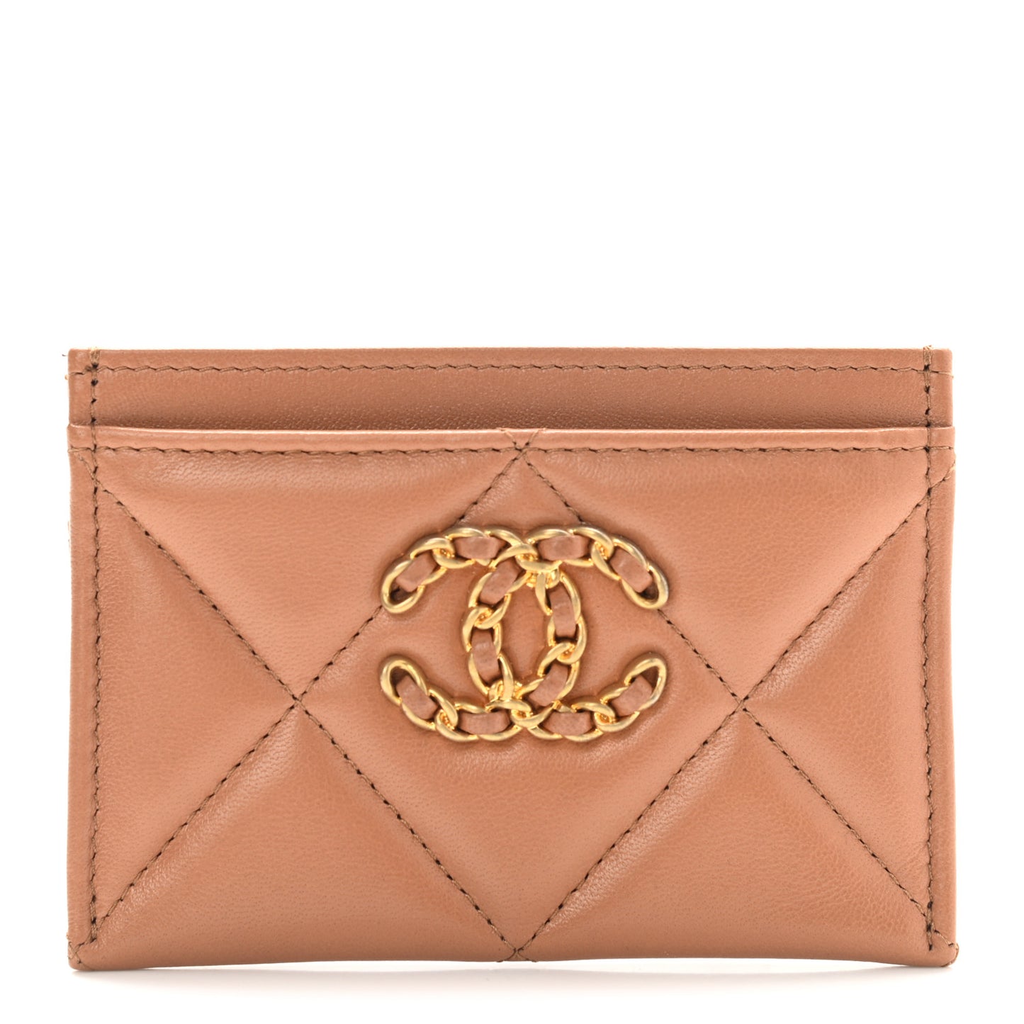 Lambskin Quilted Chanel 19 Card Holder Brown
