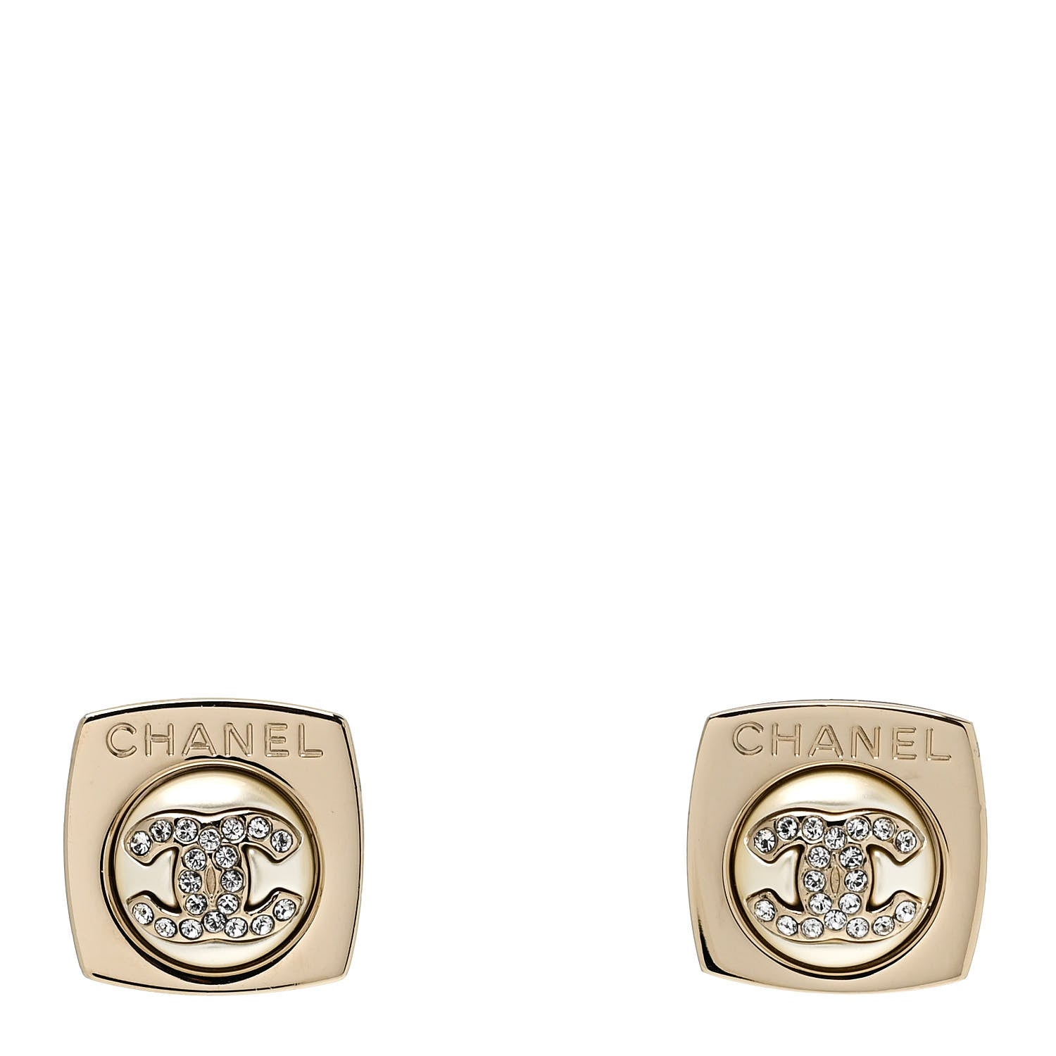 Chanel Metal Pearl Crystal CC Logo Square Earrings Gold Pearly White 1 of 7
