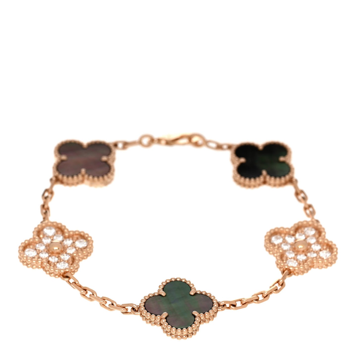 18K Rose Gold Diamond Gray Mother of Pearl 5 Motifs Vintage Alhambra Bracelet