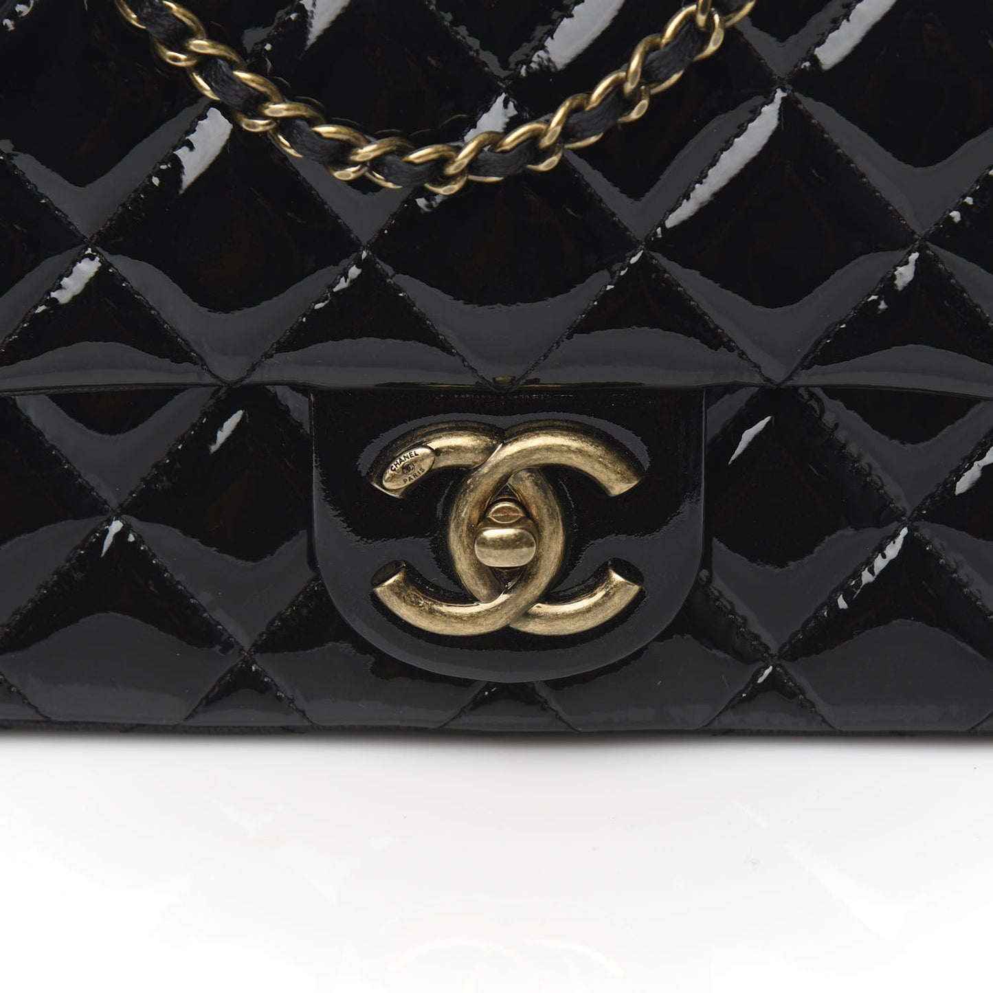 Patent Goatskin Quilted Medium CC Eyelet Flap Black